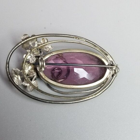 Vintage Sterling Silver Oval Purple Glass Floral Brooch, Retro Lapel Pin, Estate - Picture 3 of 7